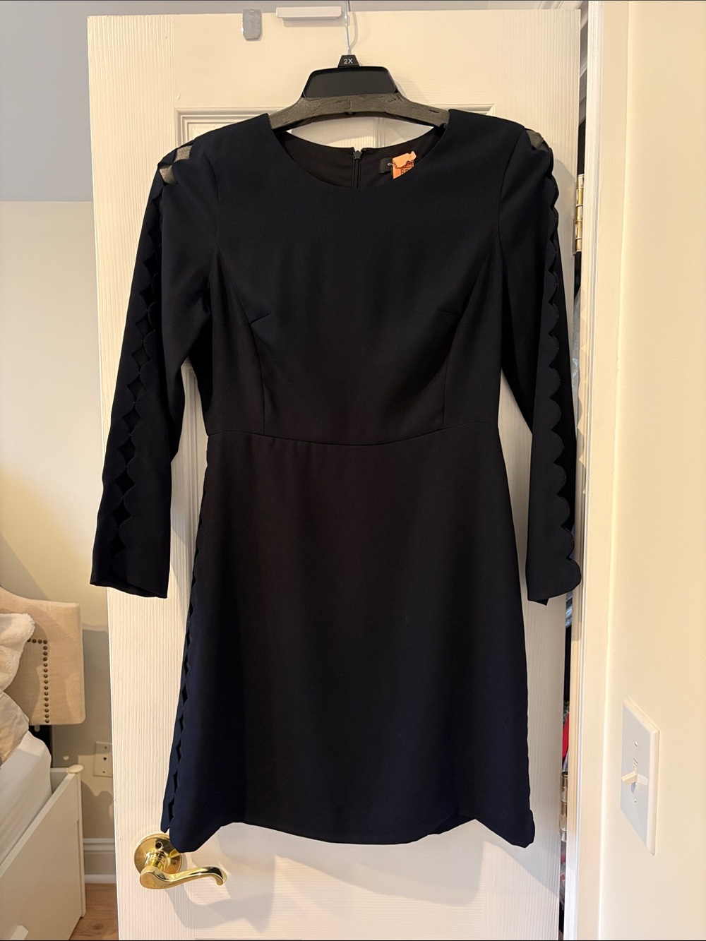 Club Monaco Navy Blue Long-Sleeve A-Line Dress with Scallop Trim